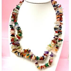 Multi Gemstones Chip Stones Long Necklace 32 inches No Closure